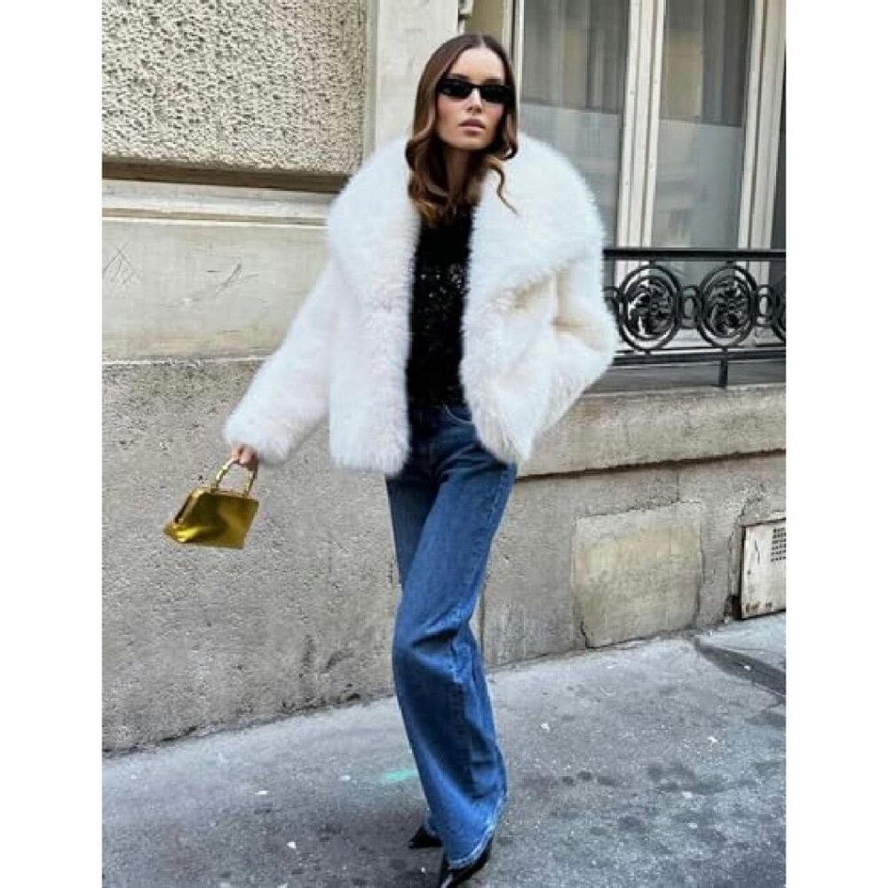Cropped Faux Fur Jacket Lapel Collar Winter Warm Fluffy Shaggy Coat - Picture 6 of 7